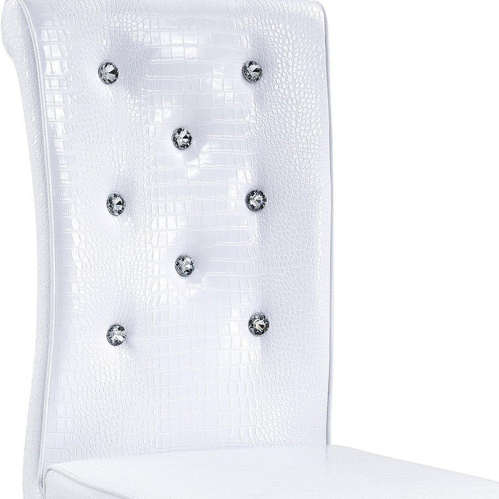Set of Four White and Silver Faux Leather Dining Side Chairs