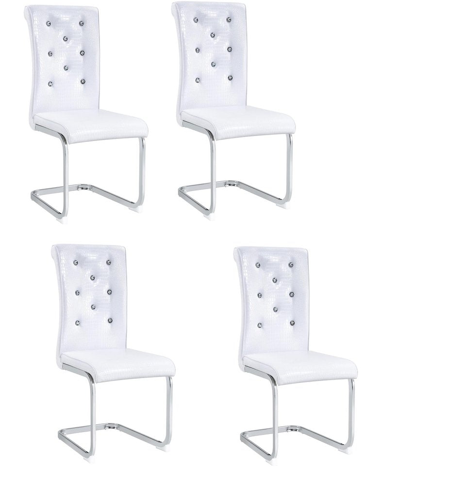Set of Four White and Silver Faux Leather Dining Side Chairs