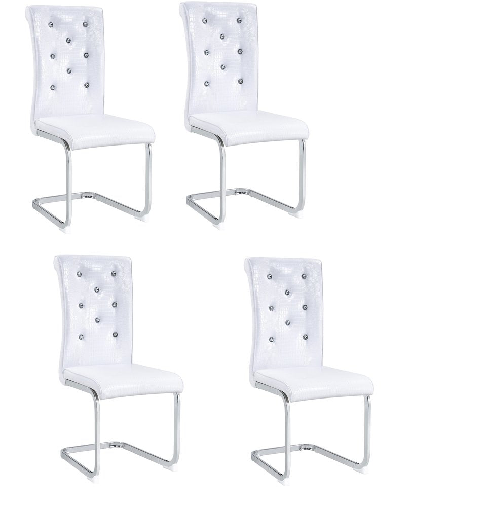 Set of Four White and Silver Faux Leather Dining Side Chairs