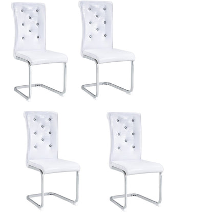 Set of Four White and Silver Faux Leather Dining Side Chairs
