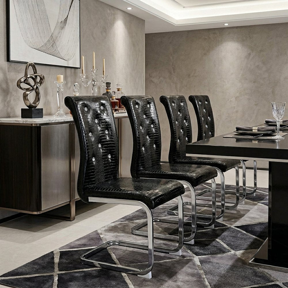 Set of Four Black and Silver Faux Leather Dining Side Chairs