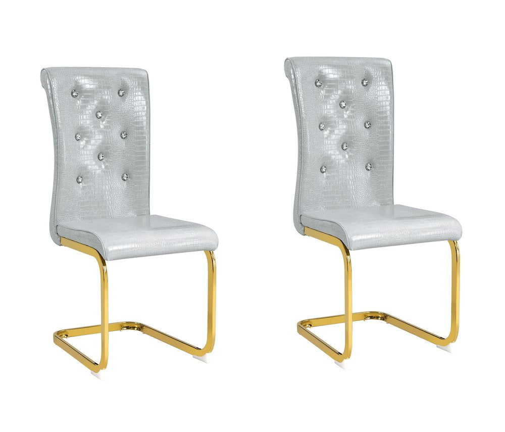 Set of Two Gray and Gold Faux Leather Dining Side Chairs