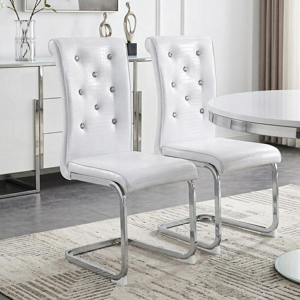Set of Two White and Silver Faux Leather Dining Side Chairs