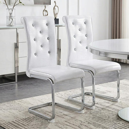 Set of Two White and Silver Faux Leather Dining Side Chairs