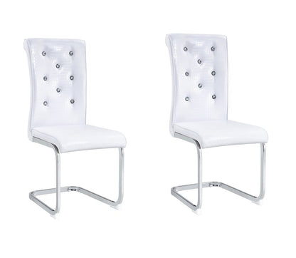 Set of Two White and Silver Faux Leather Dining Side Chairs