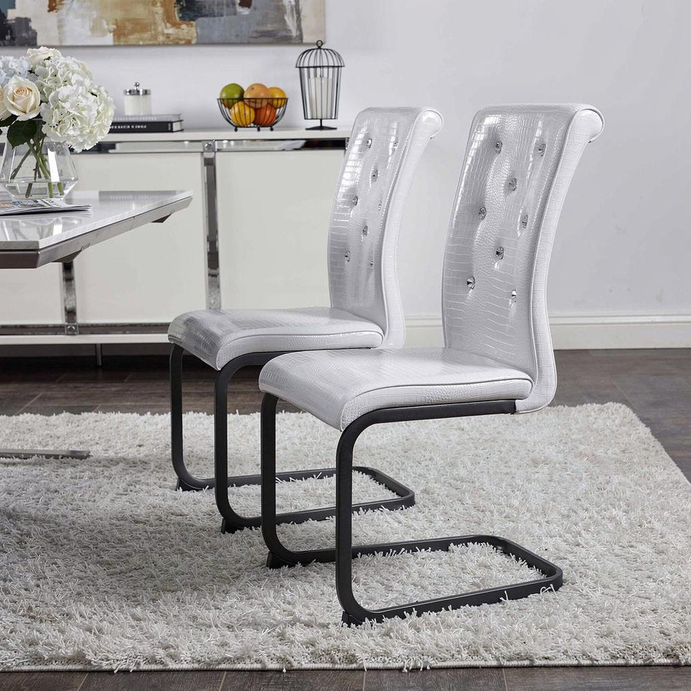 Set of Two White and Black Faux Leather Dining Side Chairs
