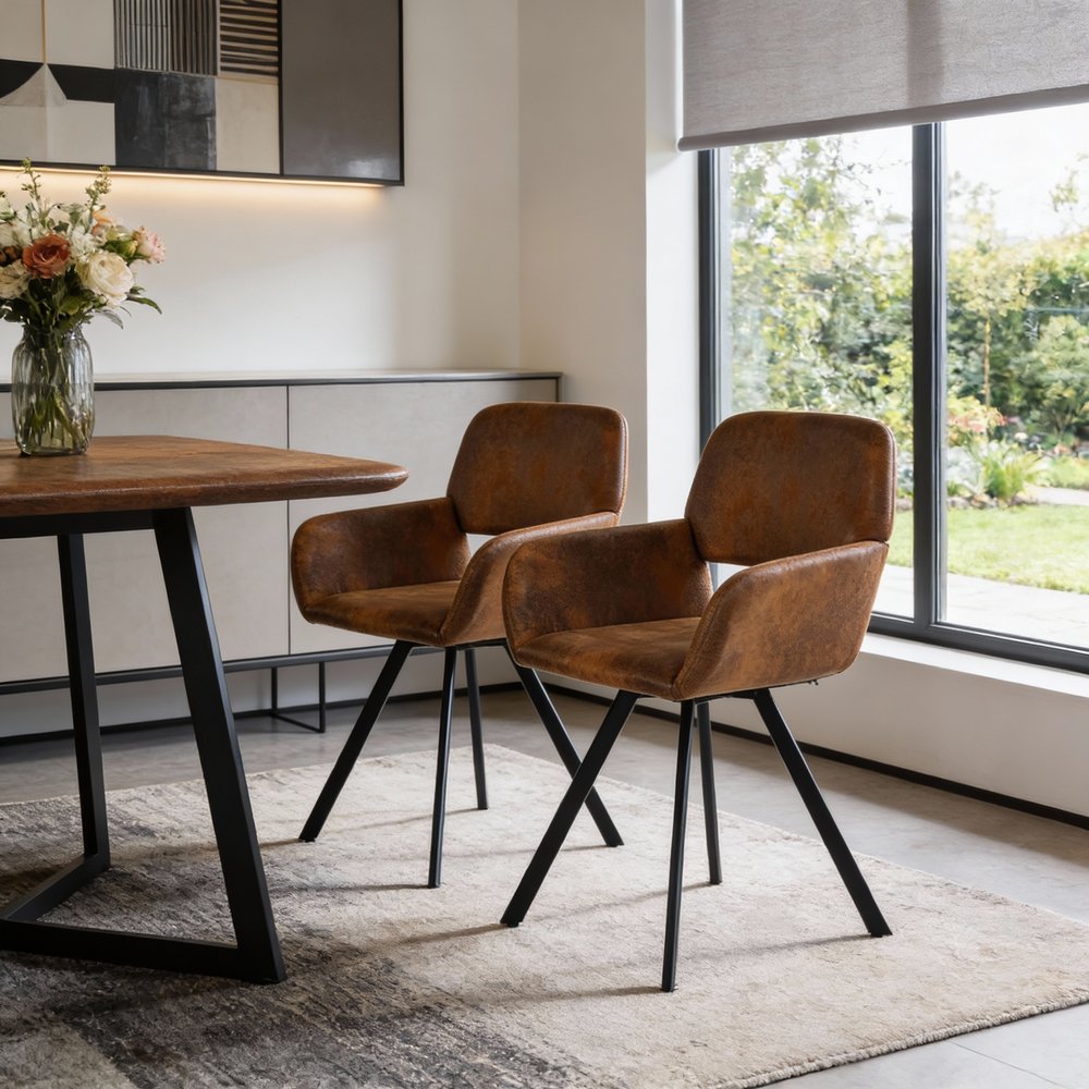 Set of Two Espresso and Black Faux Suede and Steel Dining Arm Chairs