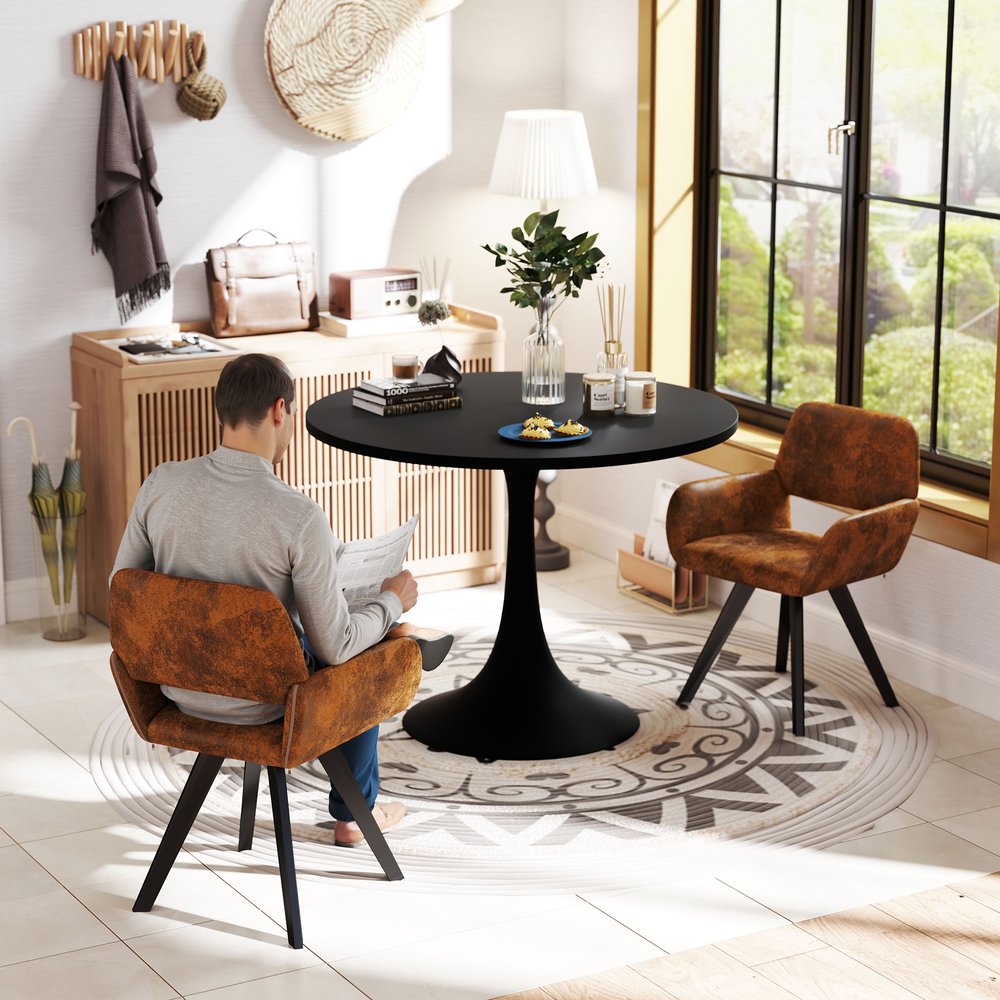 Set of Two Espresso and Black Faux Suede and Steel Dining Arm Chairs