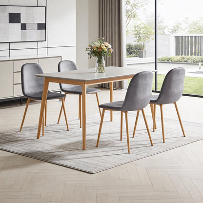 Set of Four Gray and Oak Velvet and Steel Dining Side Chairs
