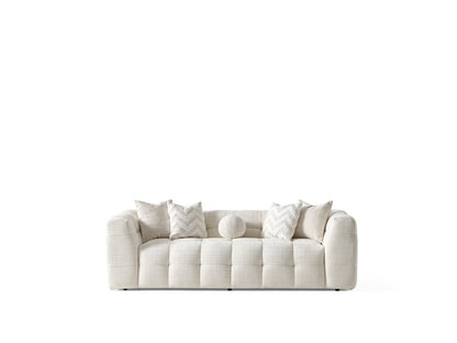 91" Beige Chenille Sofa With Toss Pillows