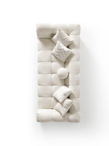 91" Beige Chenille Sofa With Toss Pillows