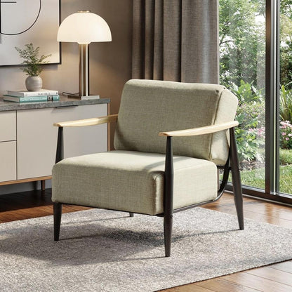 28" Beige Black and Natural Upholstered Cushion and Solid Wood Arm Chair