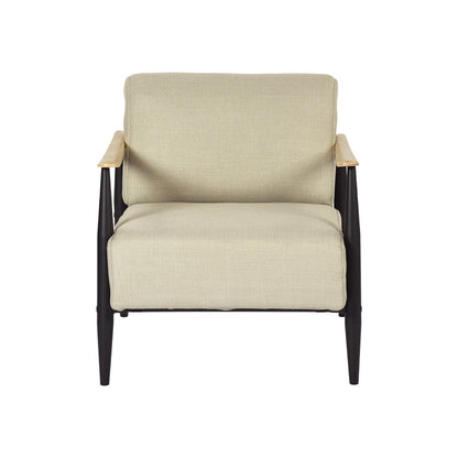 28" Beige Black and Natural Upholstered Cushion and Solid Wood Arm Chair