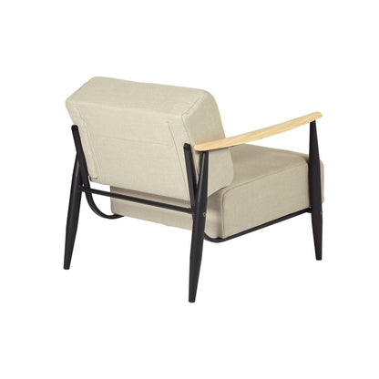 28" Beige Black and Natural Upholstered Cushion and Solid Wood Arm Chair