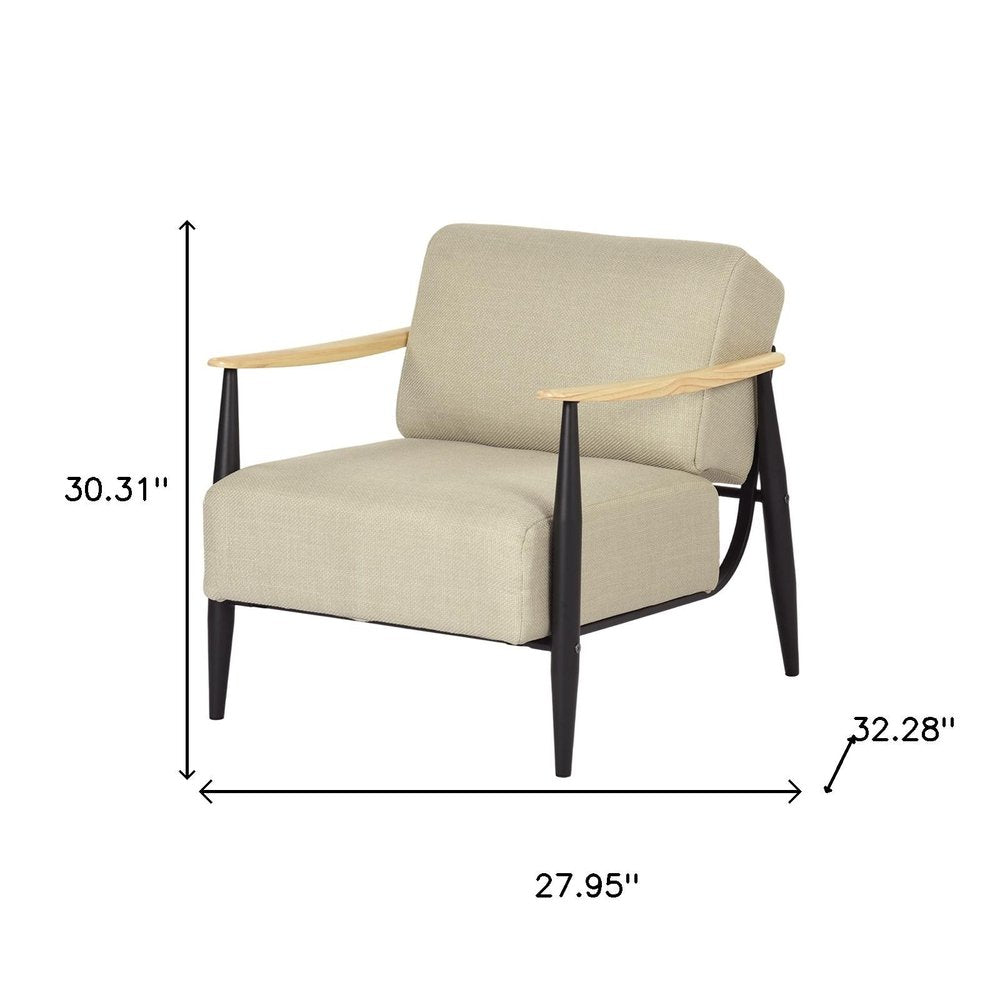 28" Beige Black and Natural Upholstered Cushion and Solid Wood Arm Chair