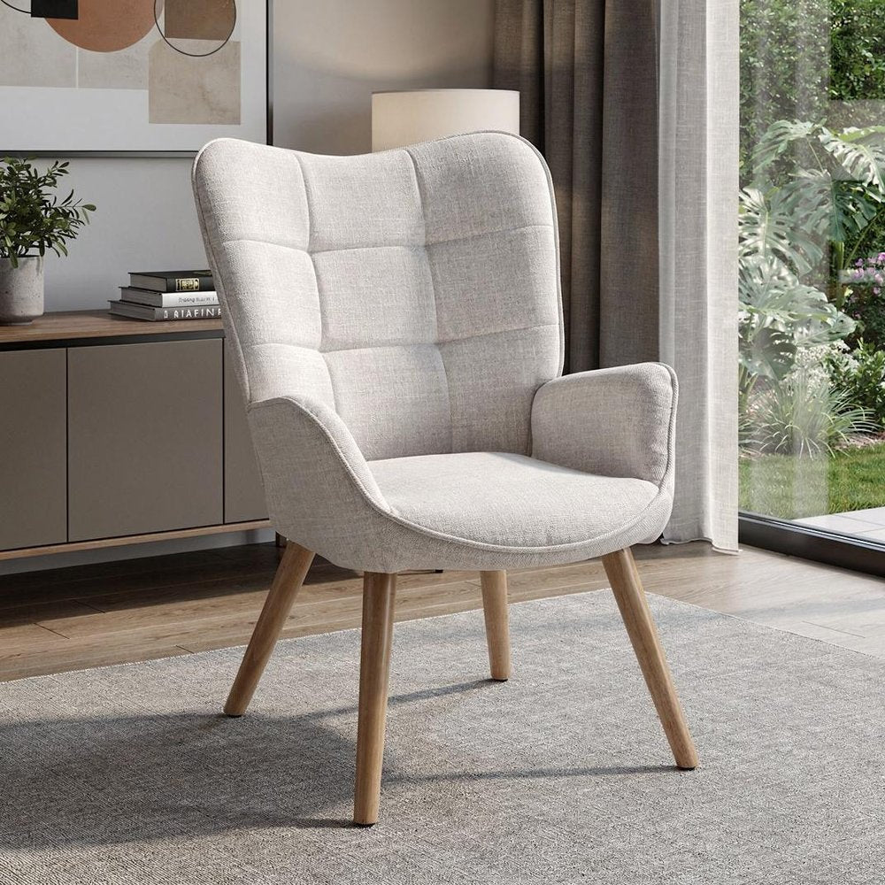 23" Beige and Natural Tufted Chenille and Solid Wood Wingback Chair