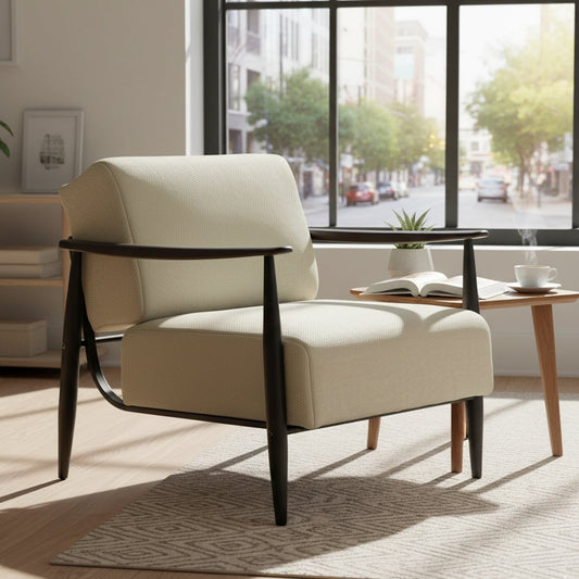 28" Beige and Black Upholstered Cushion and Solid Wood Arm Chair