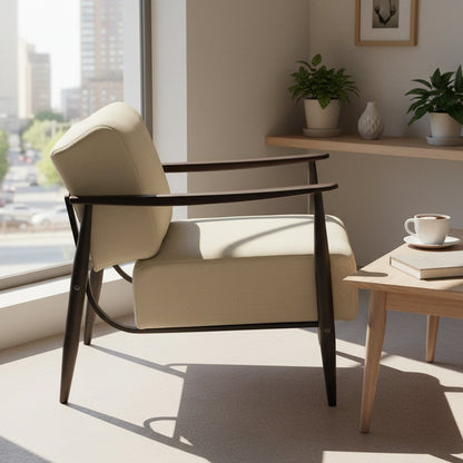 28" Beige and Black Upholstered Cushion and Solid Wood Arm Chair