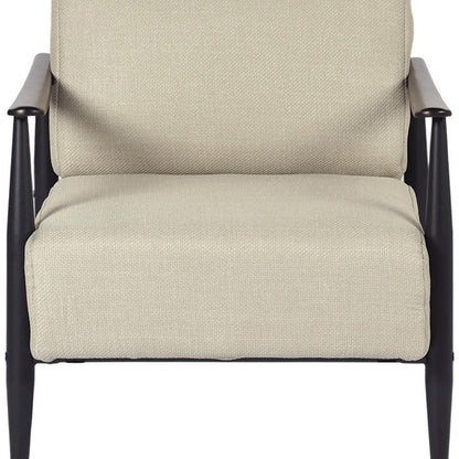 28" Beige and Black Upholstered Cushion and Solid Wood Arm Chair