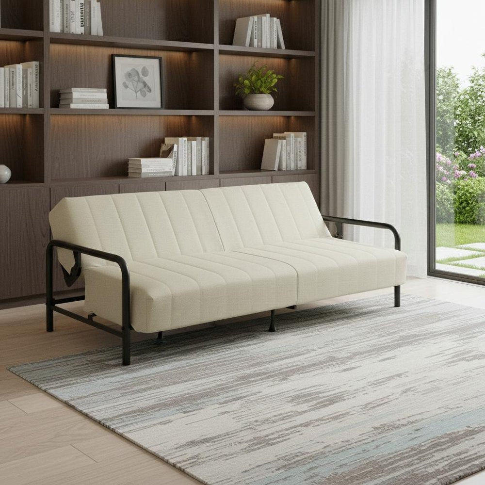 79" Beige Fabric Convertible Futon Sleeper Reclining Sofa