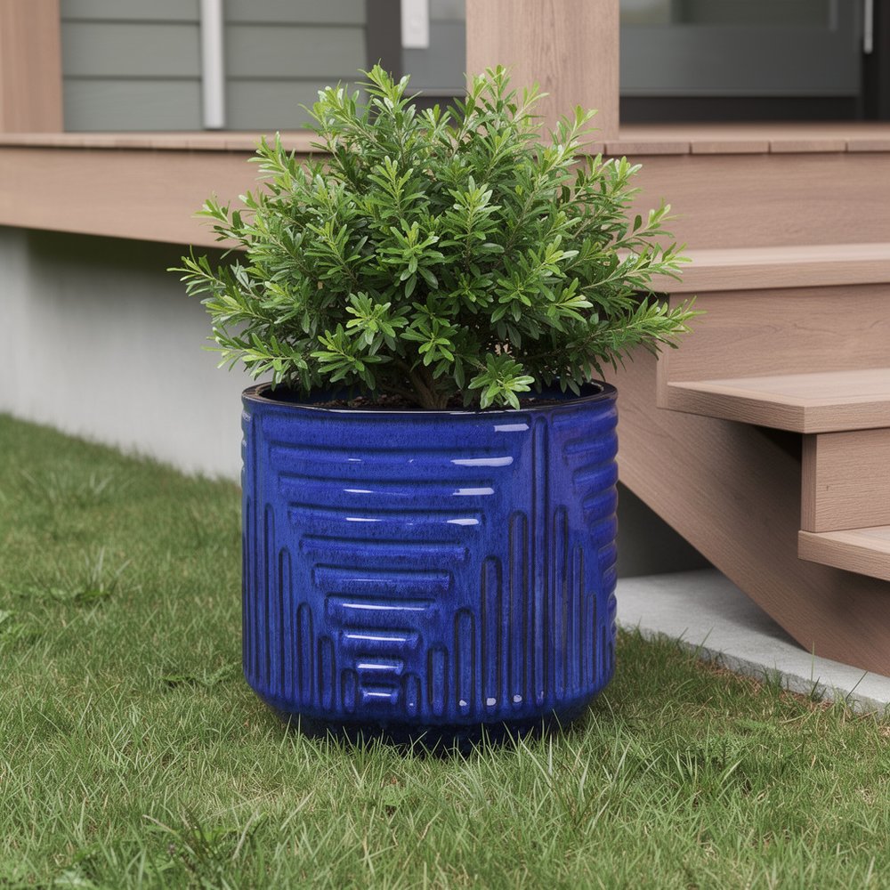 14" X 16" Blue Ceramic Round Planter Box