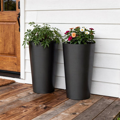 Set of Two Black Heavy Duty Plastic Cylindrical Planter Pots