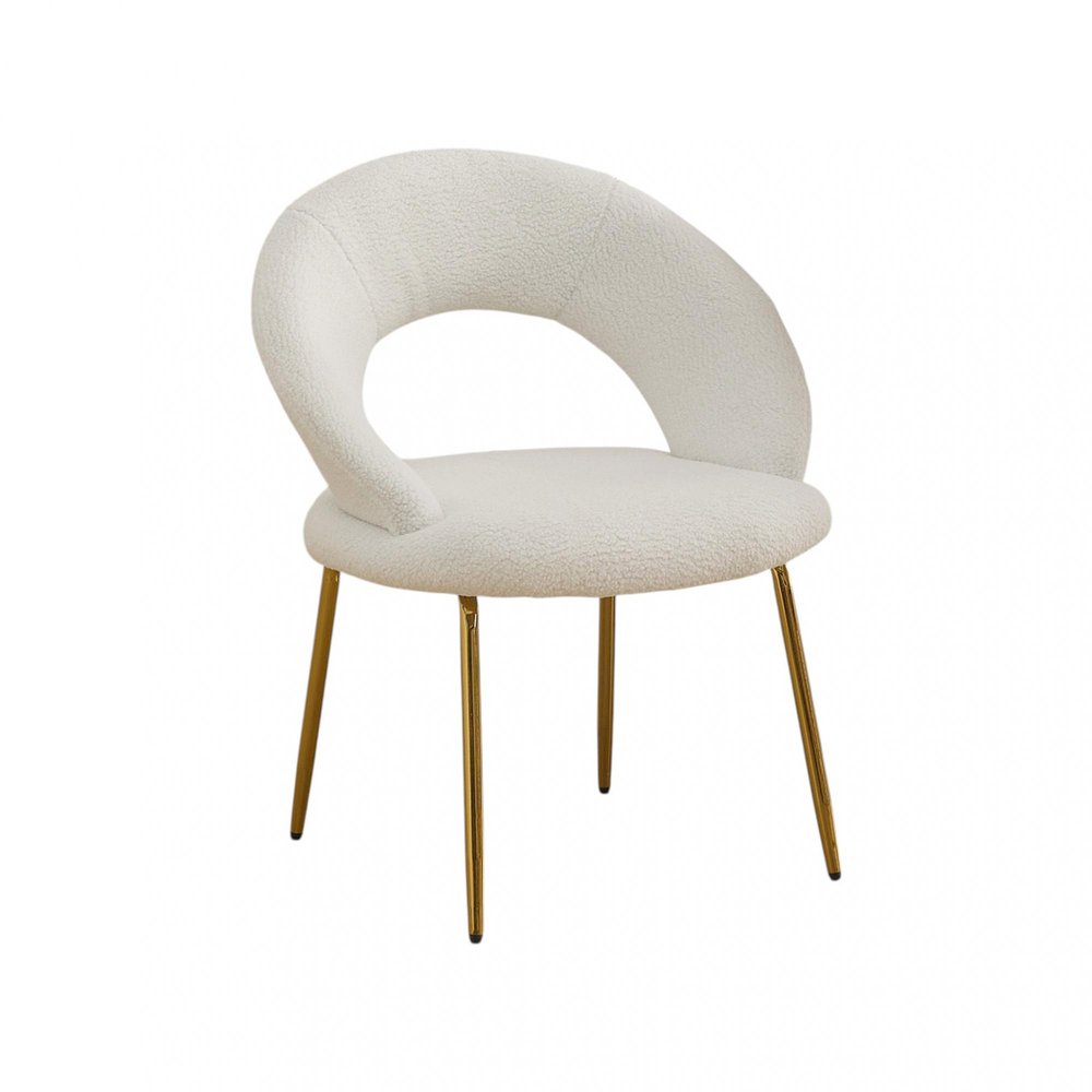 White and Gold Boucle and Metal Curved Back Dining Side Chair