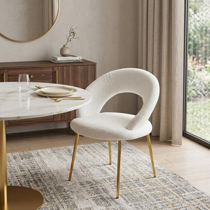 White and Gold Boucle and Metal Curved Back Dining Side Chair