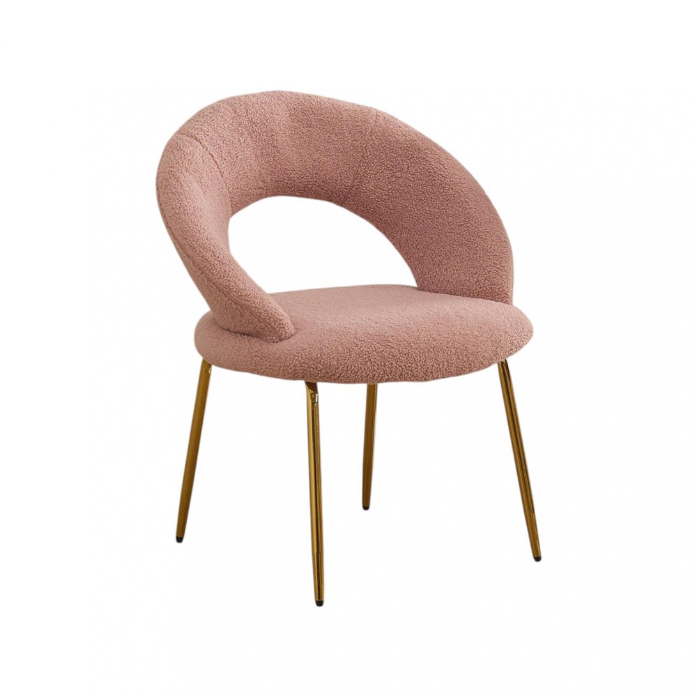 Pink and Gold Boucle and Metal Curved Back Dining Side Chair