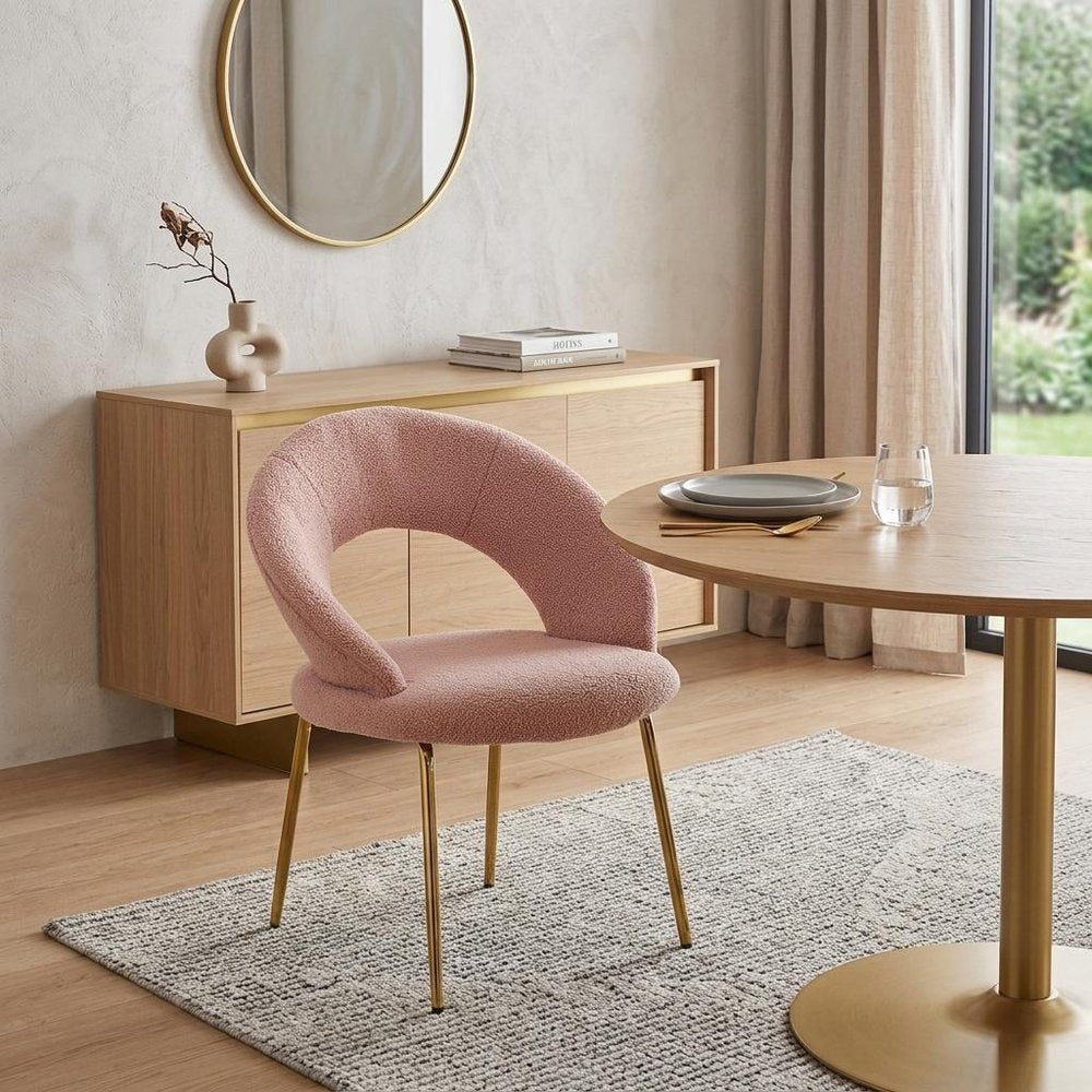 Pink and Gold Boucle and Metal Curved Back Dining Side Chair