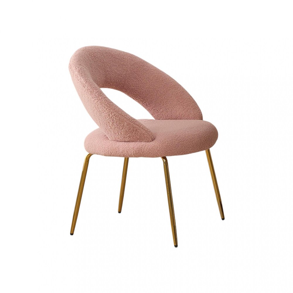 Pink and Gold Boucle and Metal Curved Back Dining Side Chair