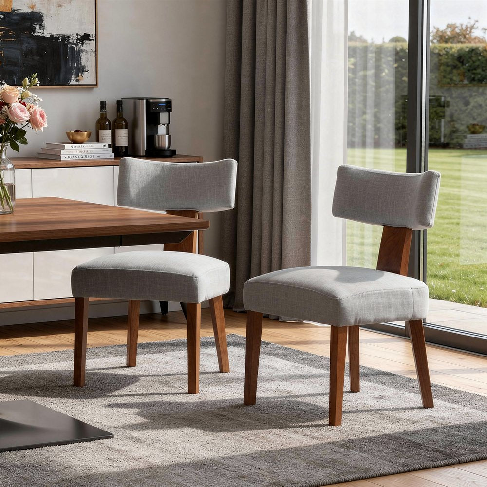 Set of Two Gray and Brown Linen and Solid Wood Dining Side Chairs