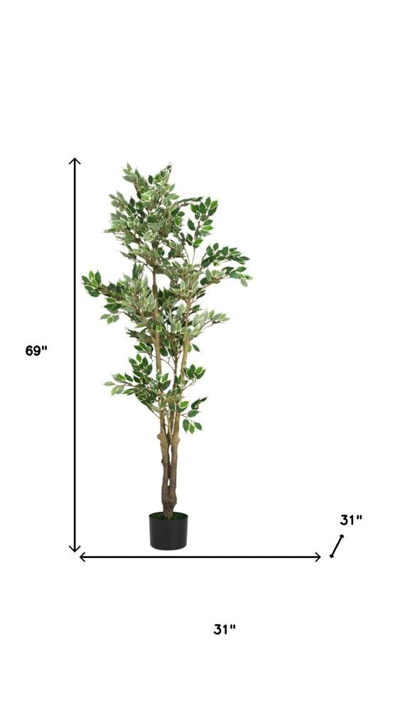 69" Green Artificial Ficus Tree In Cylindrical Black Pot