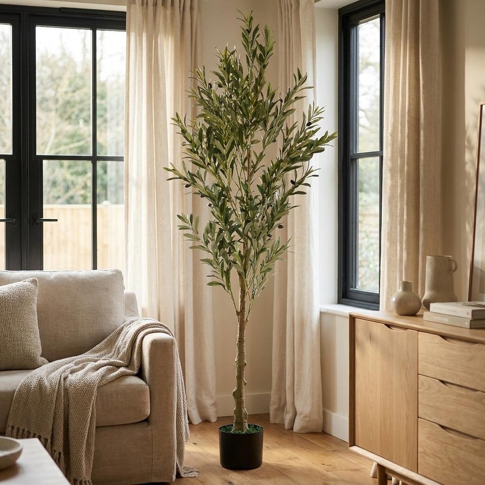 71" Green Artificial Olive Tree In Cylindrical Black Pot
