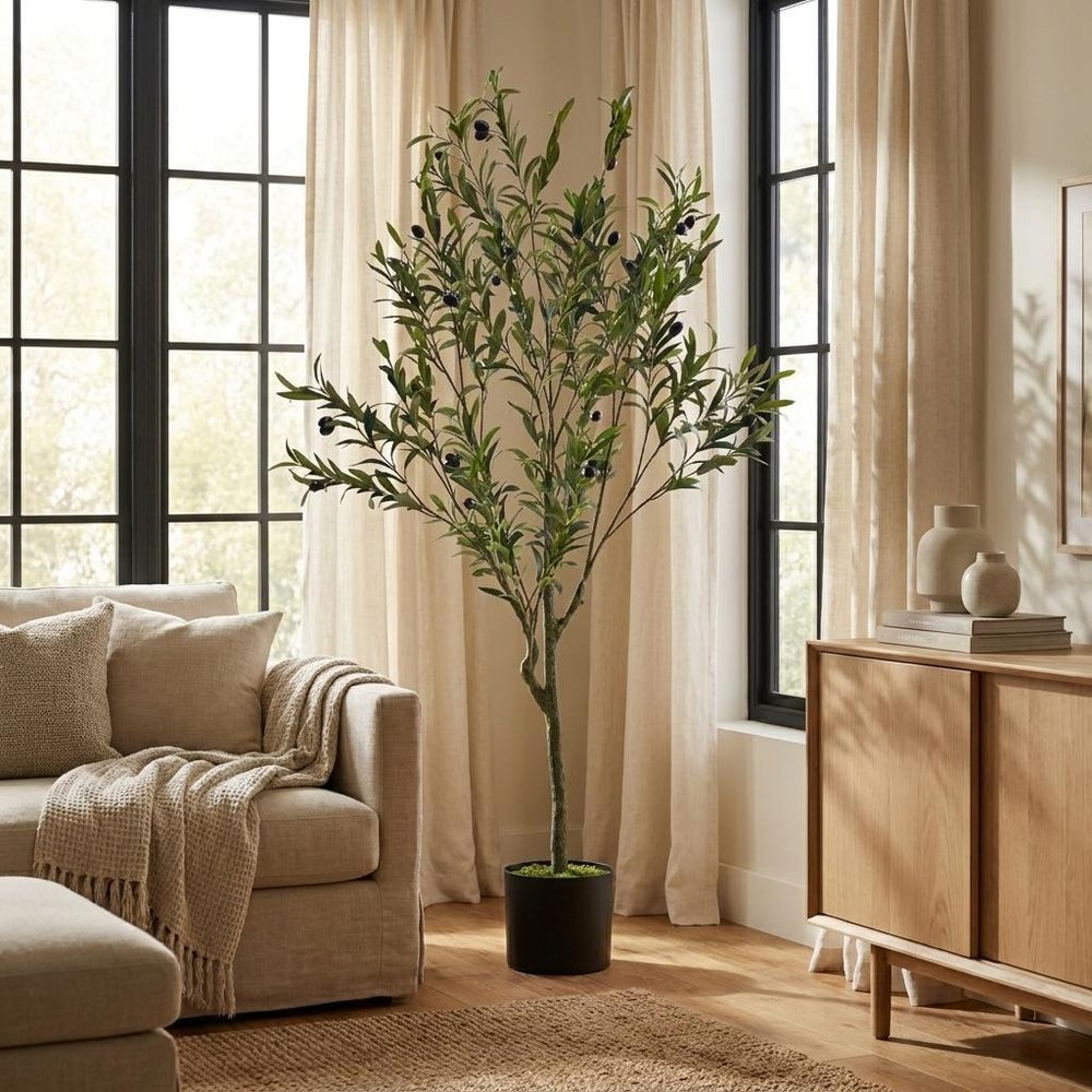 59" Green Artificial Olive Tree In Cylindrical Black Pot