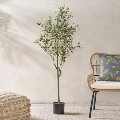 59" Green Artificial Olive Tree In Cylindrical Black Pot