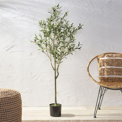59" Green Artificial Olive Tree In Cylindrical Black Pot