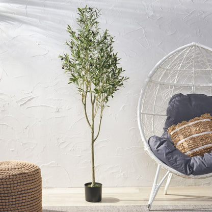71" Green Artificial Olive Tree In Cylindrical Black Pot