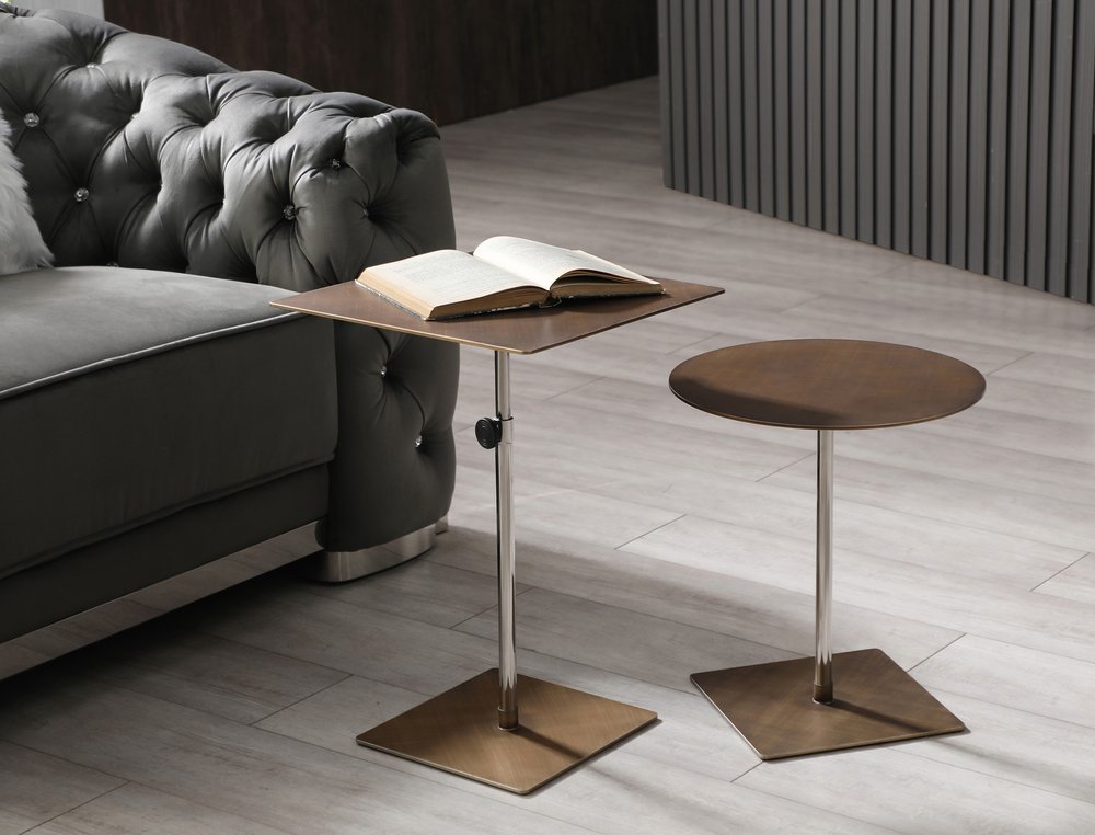 Bronze And Silver Steel Height Adjustable Round Pedestal End Table