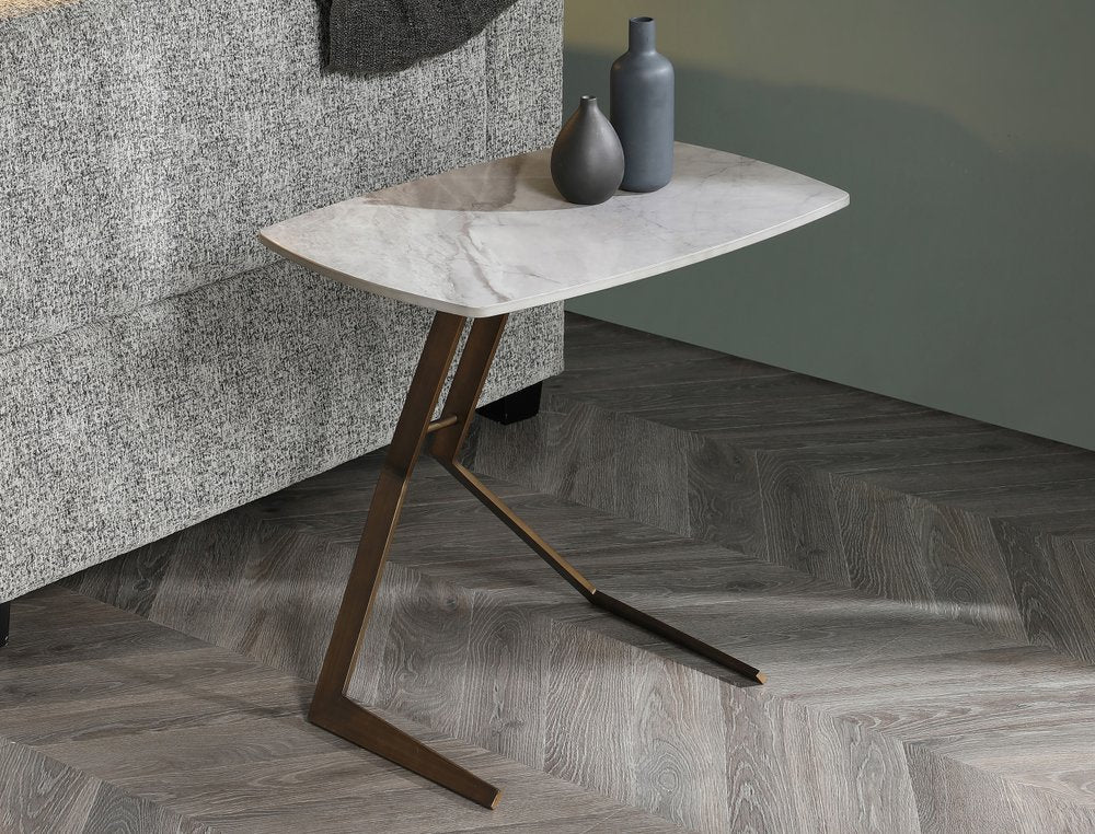 24" White And Bronze Ceramic Faux Marble and Steel End Table