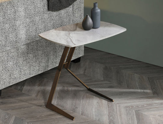 24" White And Bronze Ceramic Faux Marble and Steel End Table