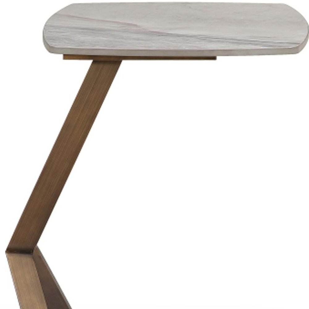 24" White And Bronze Ceramic Faux Marble and Steel End Table