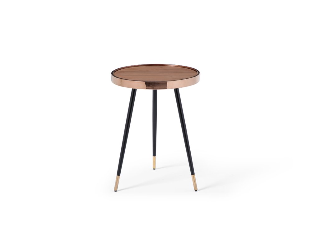 24" Walnut Black And Rose Gold Wood and Stainless Steel Round End Table