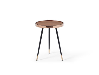 24" Walnut Black And Rose Gold Wood and Stainless Steel Round End Table