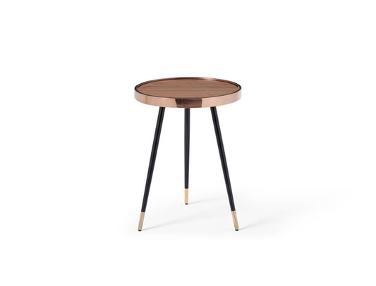 24" Walnut Black And Rose Gold Wood and Stainless Steel Round End Table