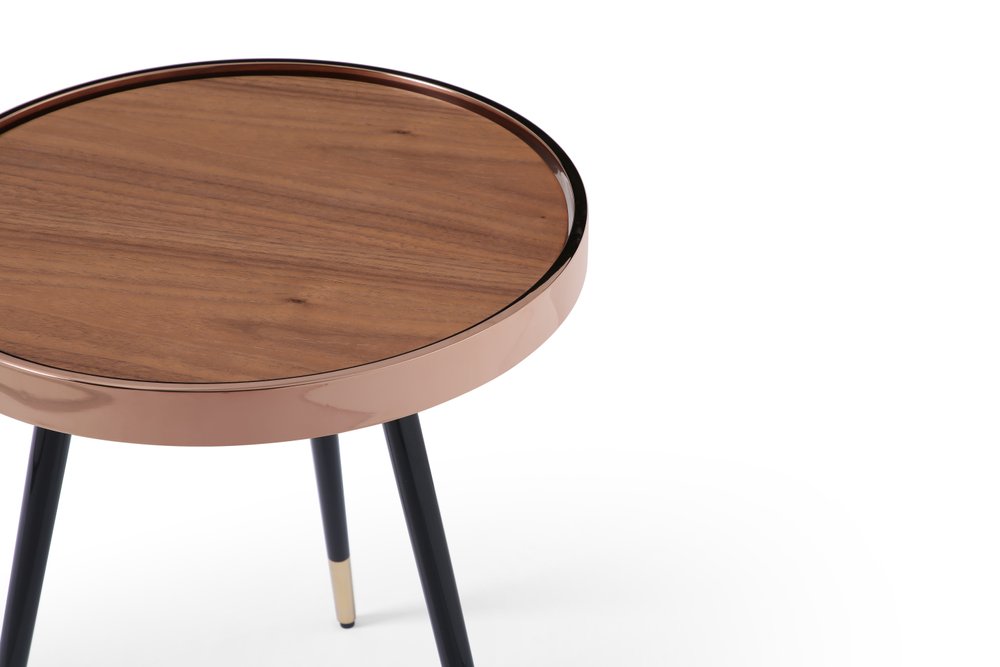 24" Walnut Black And Rose Gold Wood and Stainless Steel Round End Table