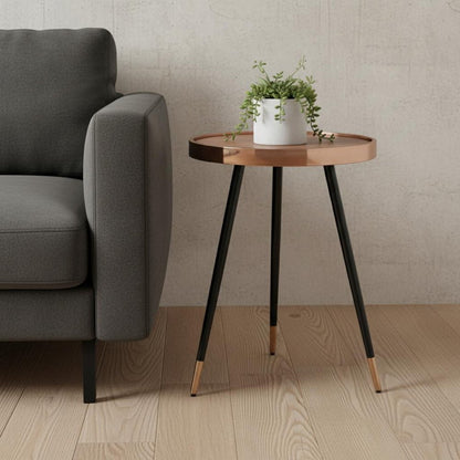 24" Walnut Black And Rose Gold Wood and Stainless Steel Round End Table