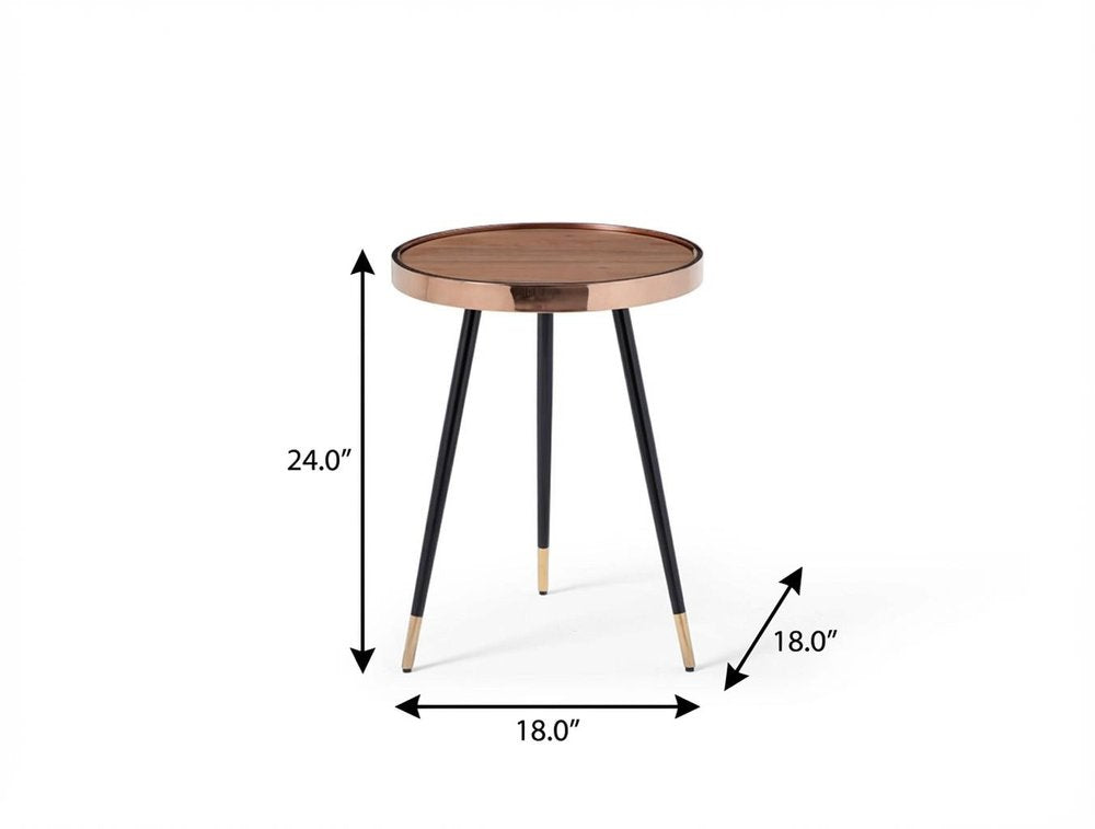 24" Walnut Black And Rose Gold Wood and Stainless Steel Round End Table