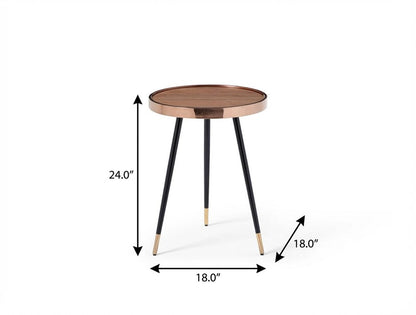 24" Walnut Black And Rose Gold Wood and Stainless Steel Round End Table