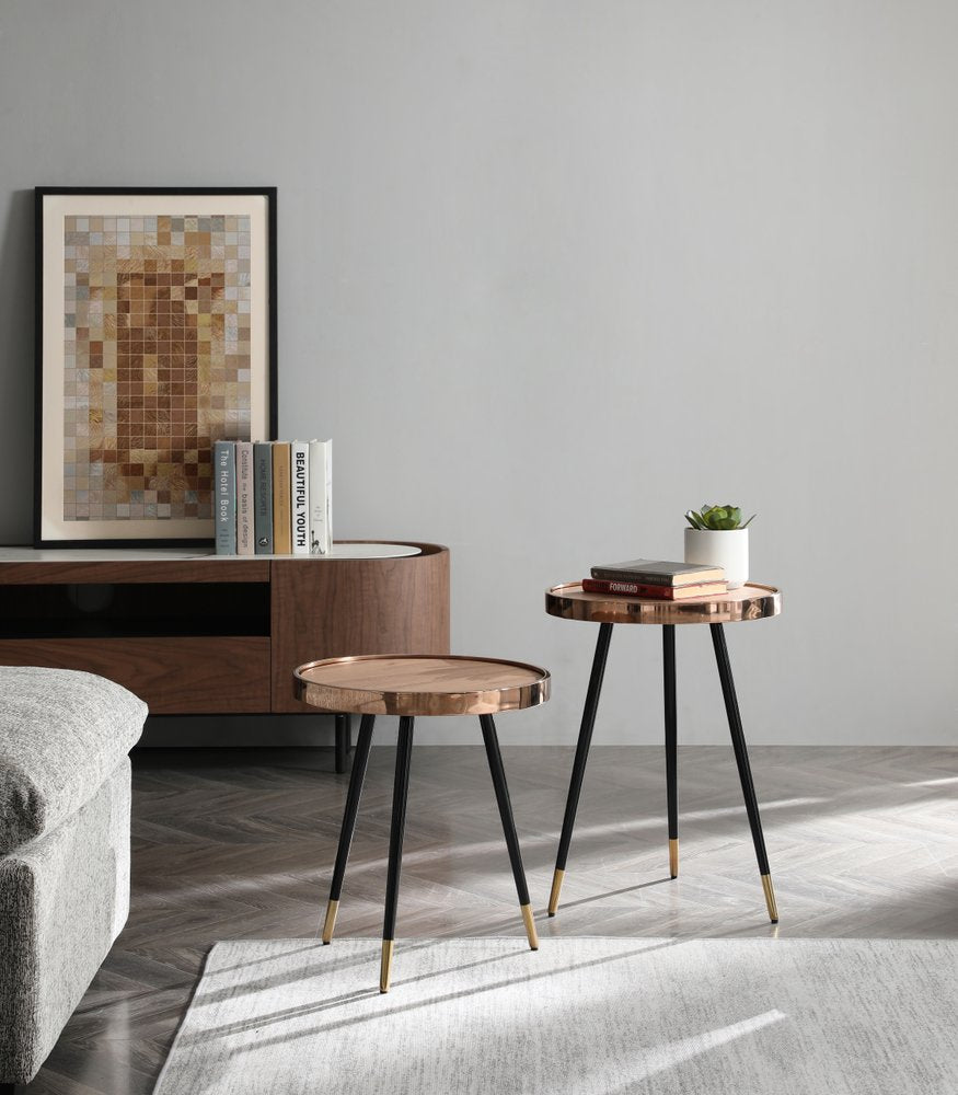 20" Walnut Black And Rose Gold Wood and Stainless Steel Round End Table